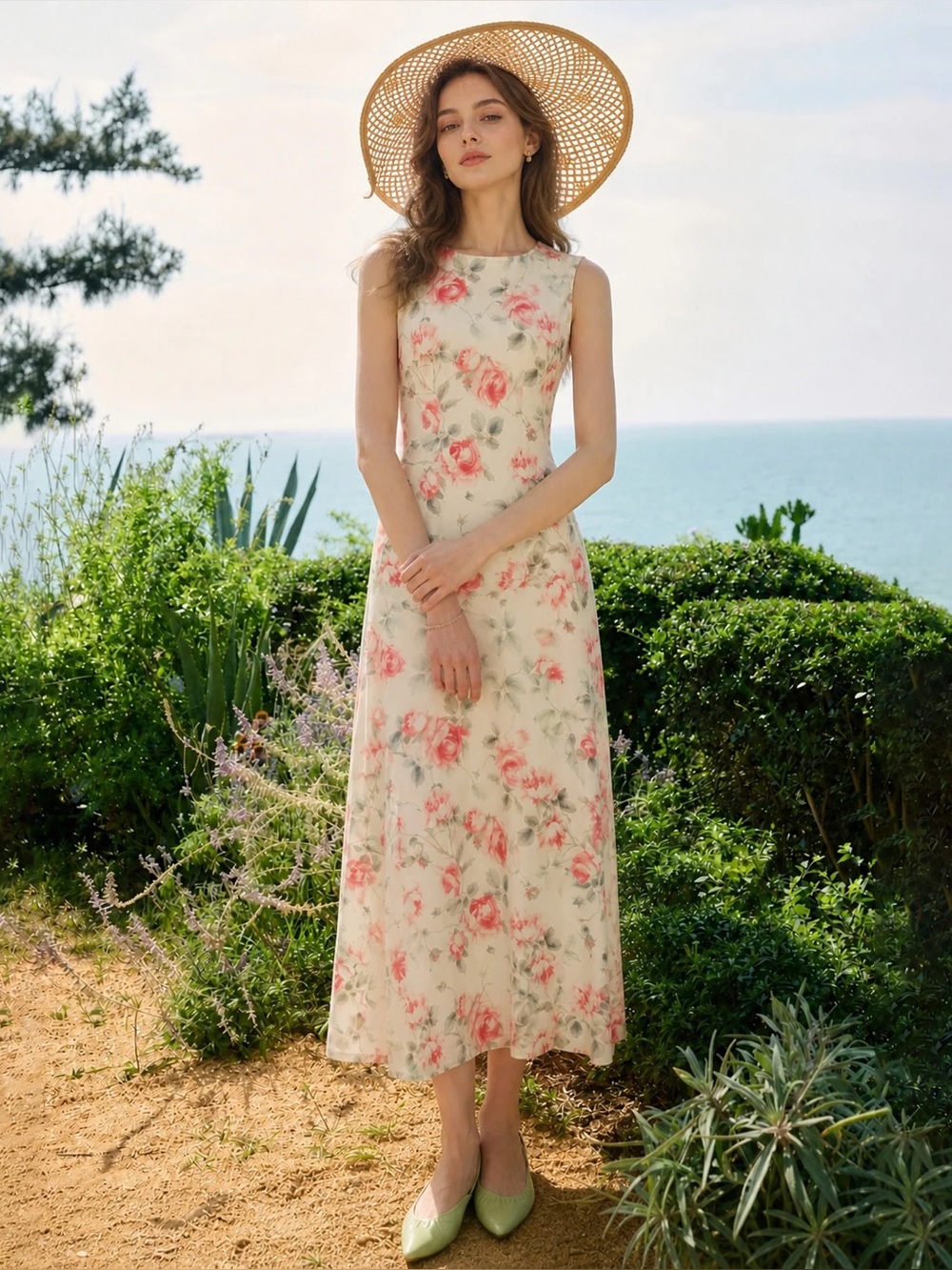 Rihoas Floral Sleeveless Maxi Dress — Pink Rose on Cream
